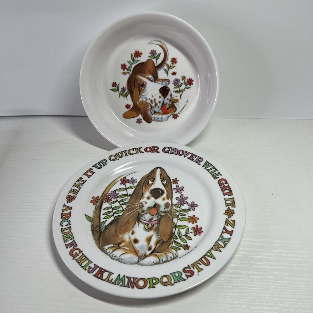Vtg 1972 Oneida Deluxe Grover Basset Hound Melamine Kids Plate & Bowl Set ABC